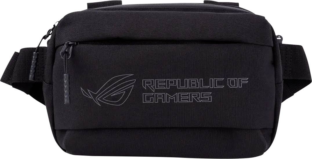 Un sac à bandoulière noir avec le logo et le texte « Republic of Gamers » sur le devant, doté d'une poche à fermeture éclair et d'une bandoulière réglable.