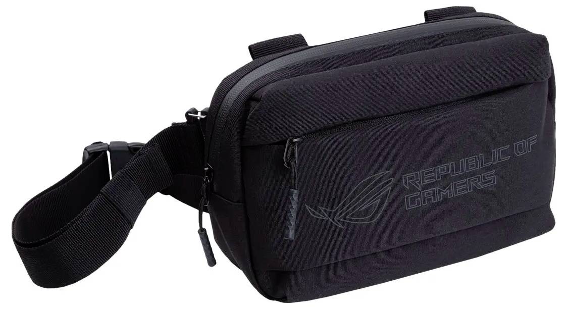 Un sac messager noir avec une bandoulière réglable et une fermeture éclair, arborant le logo 'Republic of Gamers' sur l'avant.