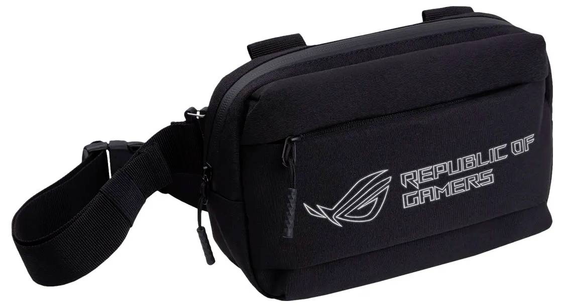 Un sac banane noir avec une bandoulière, portant le logo et le texte « Republic of Gamers » sur l'avant.