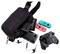 Une console de jeu, des manettes et des accessoires débordent d'un sac à bandoulière noir, mettant en valeur un équipement de jeu portable.