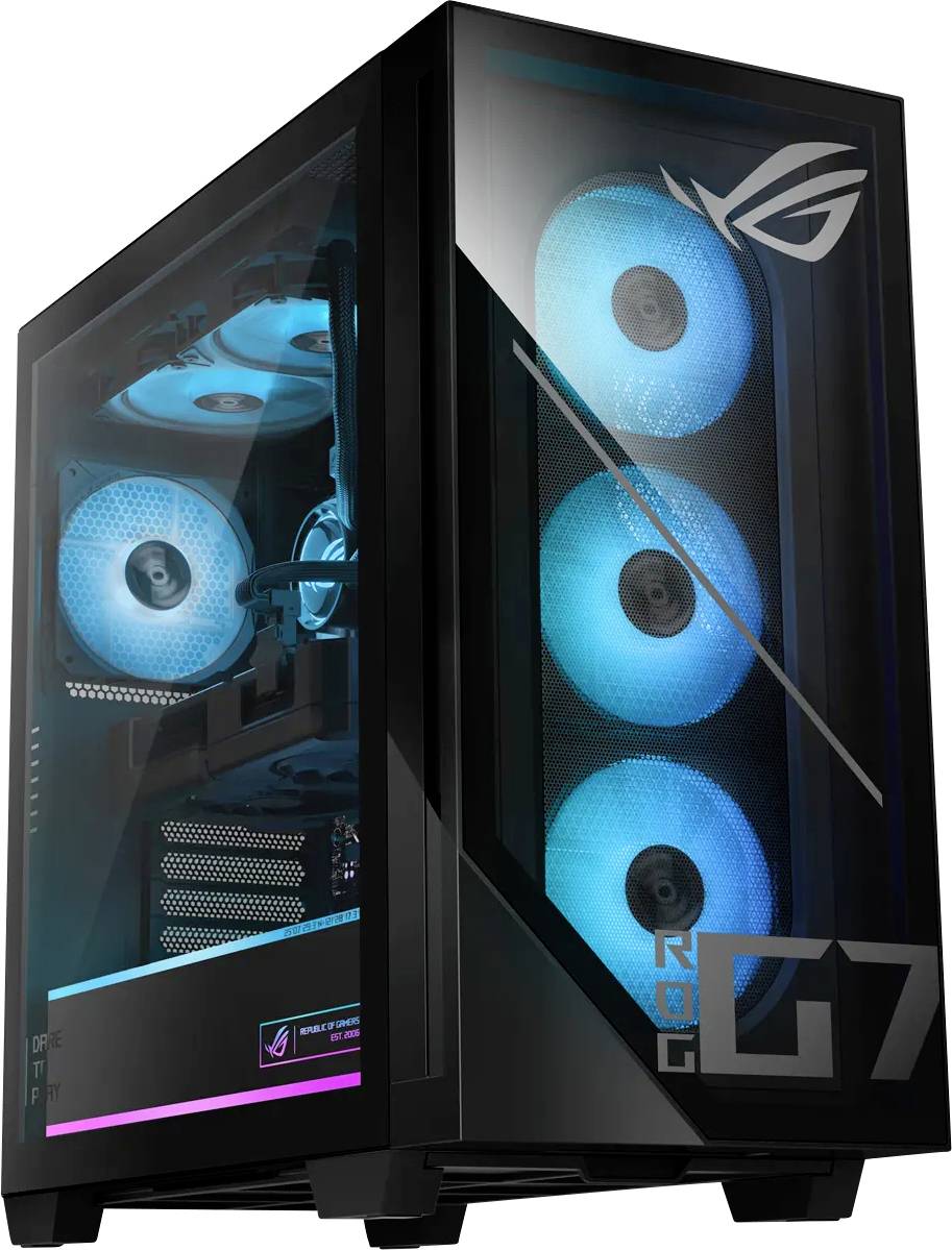 Un boîtier de bureau de jeu avec un panneau latéral transparent révélant des ventilateurs à LED bleues internes et des composants, arborant le logo ROG sur le devant.