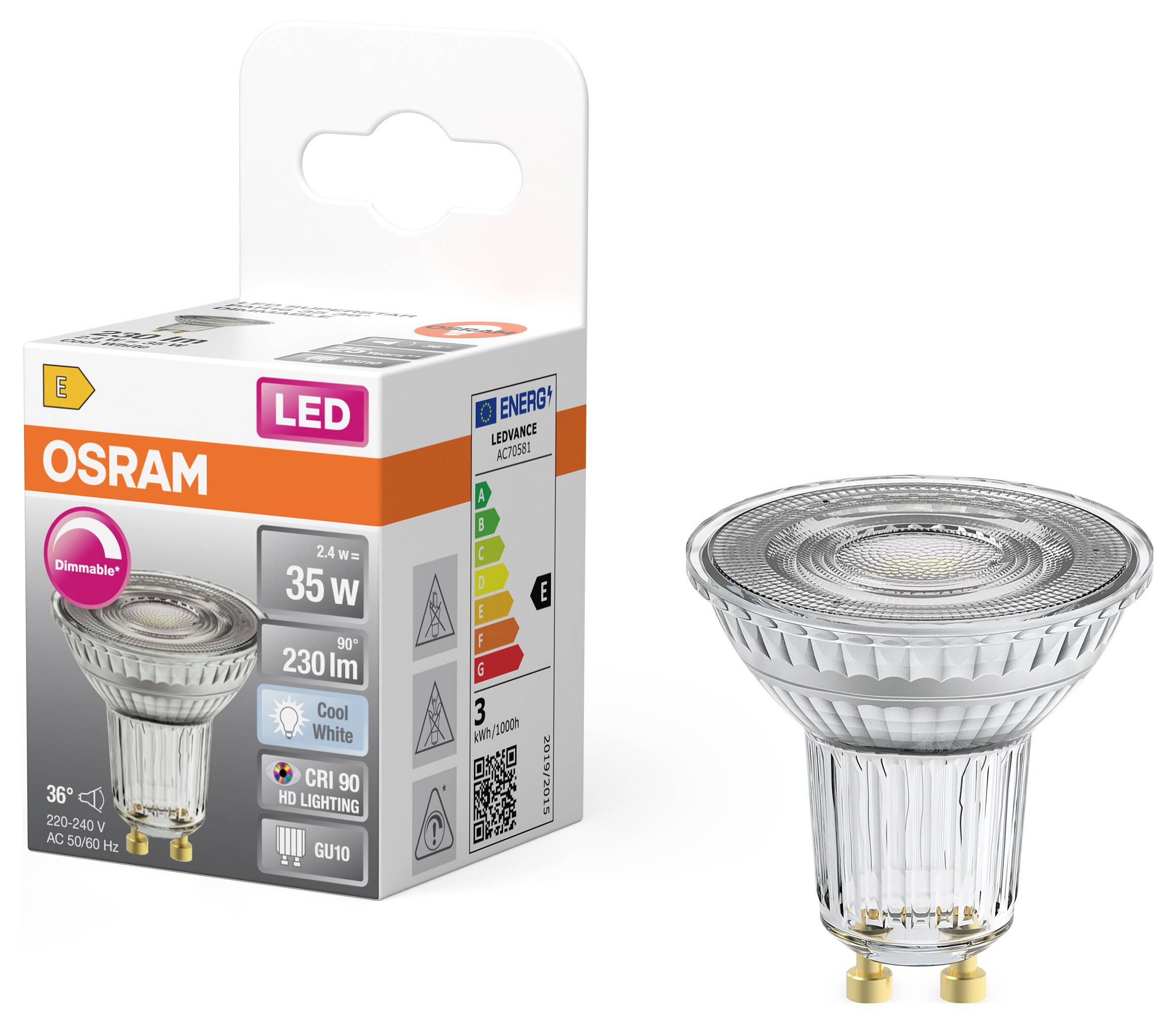 OSRAM HOMELIGHTING 4099854457050 Lampe à réflecteur LED CEE E (A - G) GU10 Par 16 2.4 W blanc froid (Ø x H) 50.00 mm x 5-1