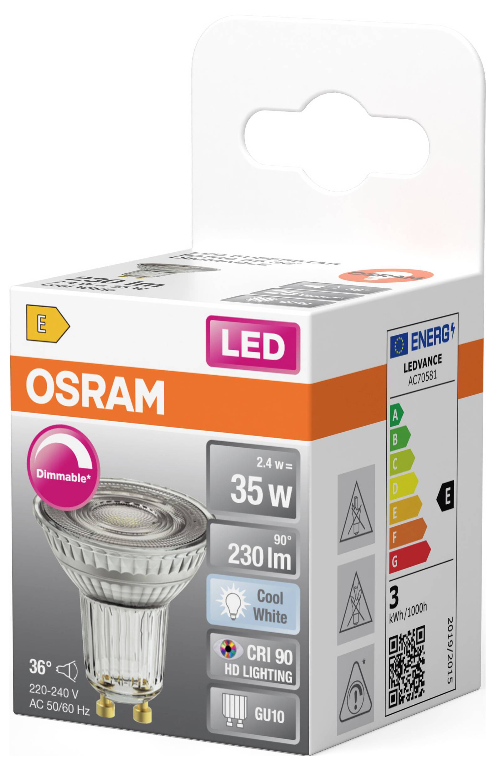 OSRAM HOMELIGHTING 4099854457050 Lampe à réflecteur LED CEE E (A - G) GU10 Par 16 2.4 W blanc froid (Ø x H) 50.00 mm x 5-2