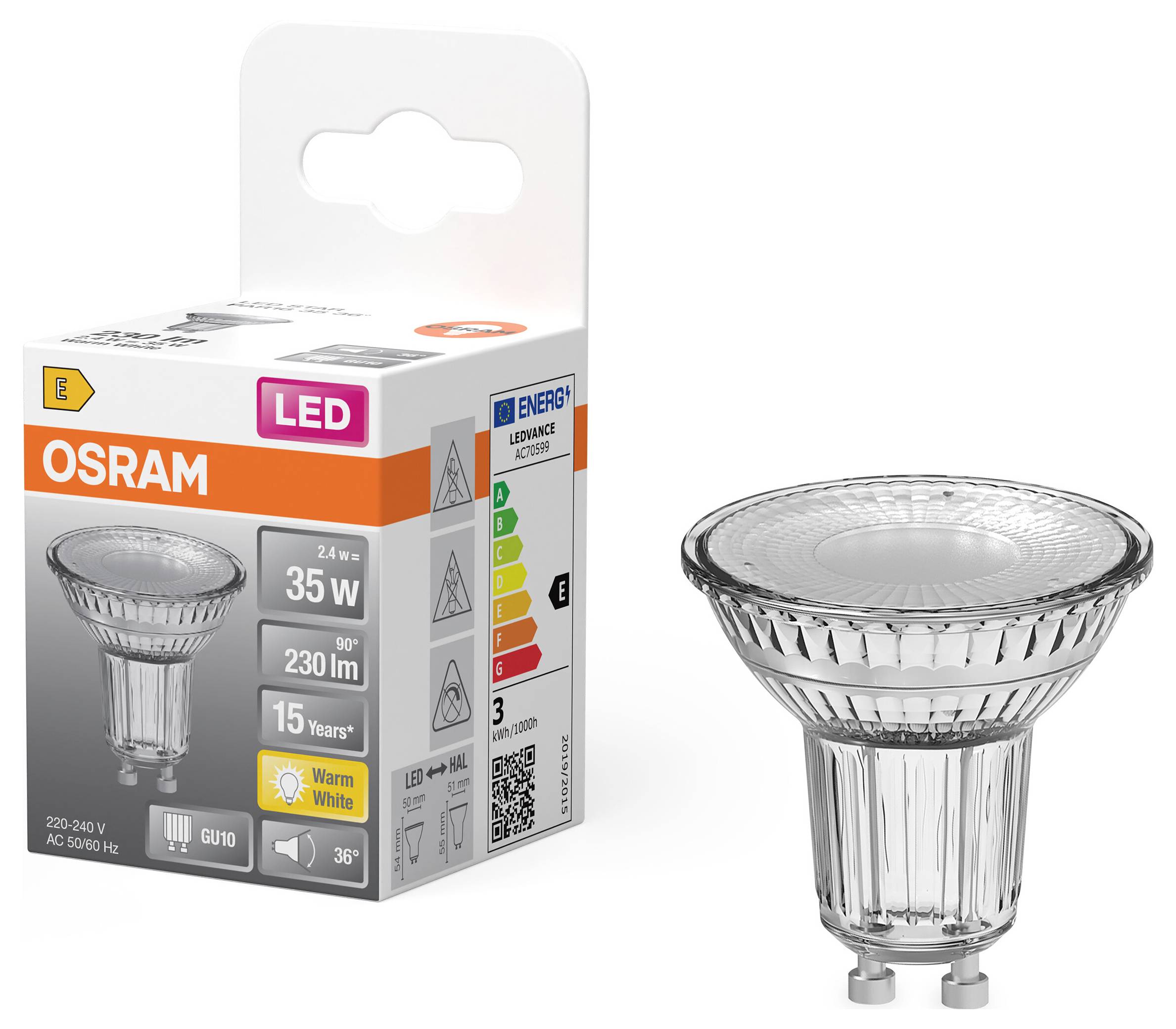 OSRAM HOMELIGHTING 4099854458484 Lampe à réflecteur LED CEE E (A - G) GU10 2.4 W blanc chaud (Ø x H) 50.00 mm x 50.00 mm-1