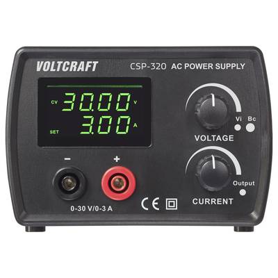'Alimentation électrique CA Voltcraft CSP-320' affichant '30,00V' et '3,00A', avec boutons de réglage de la tension et du courant, étiquette de certification CE visible.