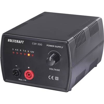 « Alimentation Voltcraft CSP-300 » avec bouton sélecteur de tension et voyants indicateurs pour sortie 3-12V ; courant maximal 3A.