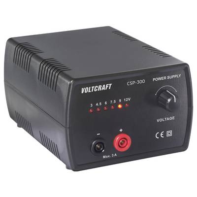 Une alimentation électrique Voltcraft CSP-300 noire, dotée d'un cadran de tension, d'indicateurs LED pour différents niveaux de tension, et d'une sortie maximale de 3A.