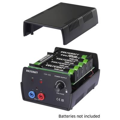 « VOLTCRAFT CSP-310 alimentation », montrant le compartiment des batteries avec six batteries rechargeables de 1,2 V (non incluses) et couvercle en plastique.