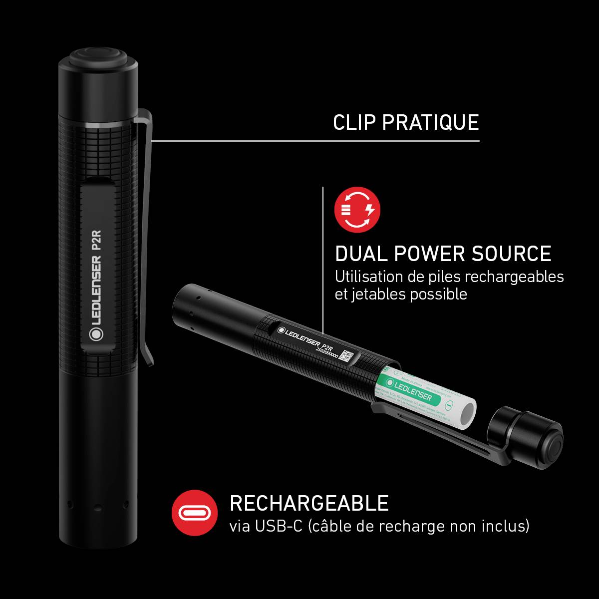 Lampe de poche avec clip pratique, option double alimentation pour batterie rechargeable ou pile. Rechargeable via USB-C (câble de charge non inclus).