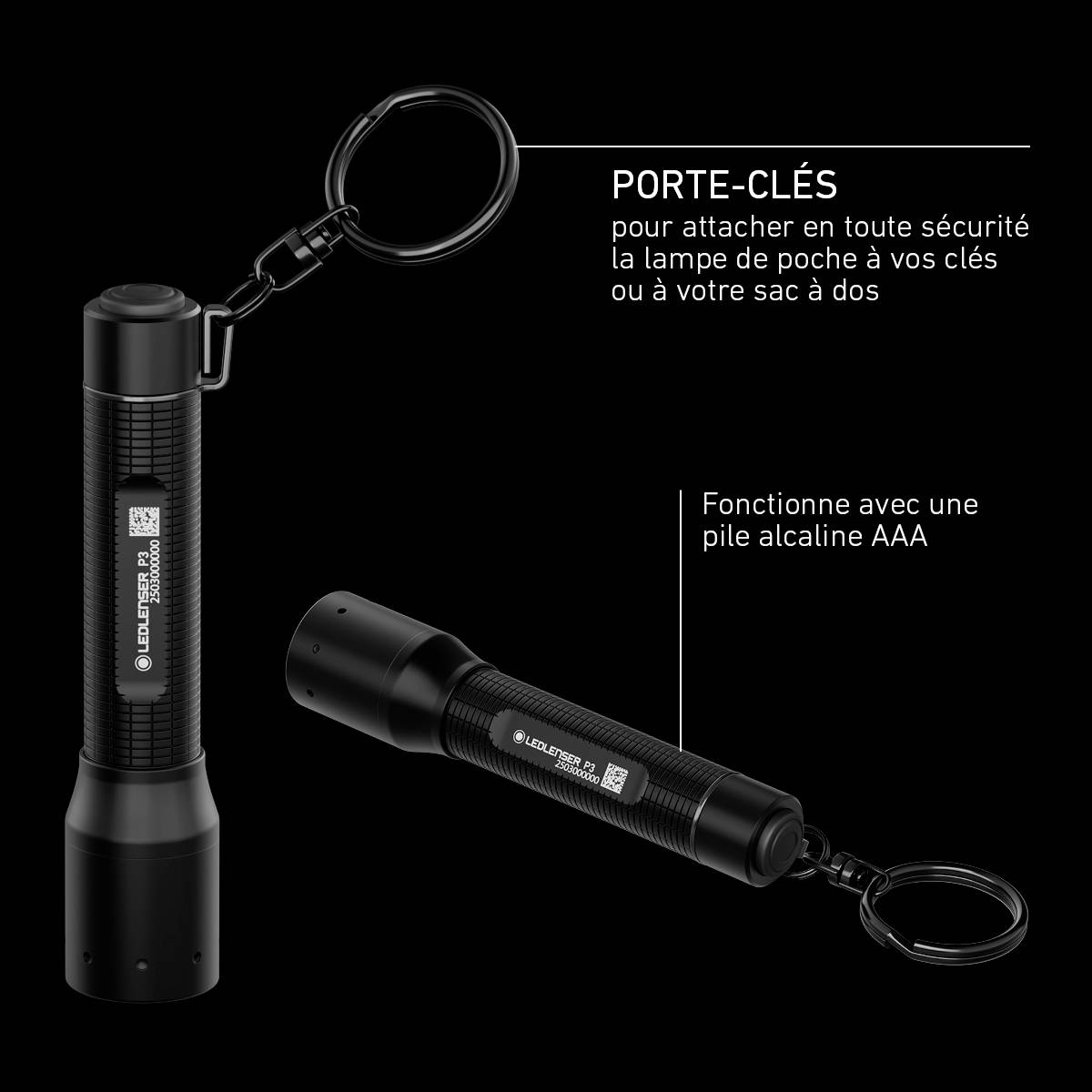 Une petite lampe de poche noire avec un anneau porte-clés et la description : « Anneau porte-clés pour une fixation sécurisée sur un trousseau de clés ou un sac à dos. Fonctionnement avec pile AAA. »