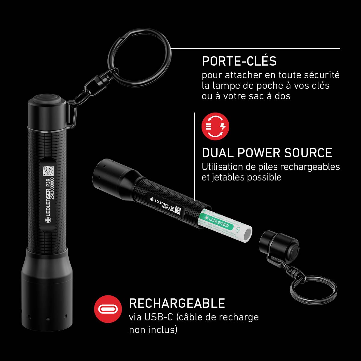 Lampe de poche avec anneau porte-clés, source d'alimentation double (batterie/pile), rechargeable via USB-C. Texte : Anneau porte-clés, Source d'alimentation double, Rechargeable.