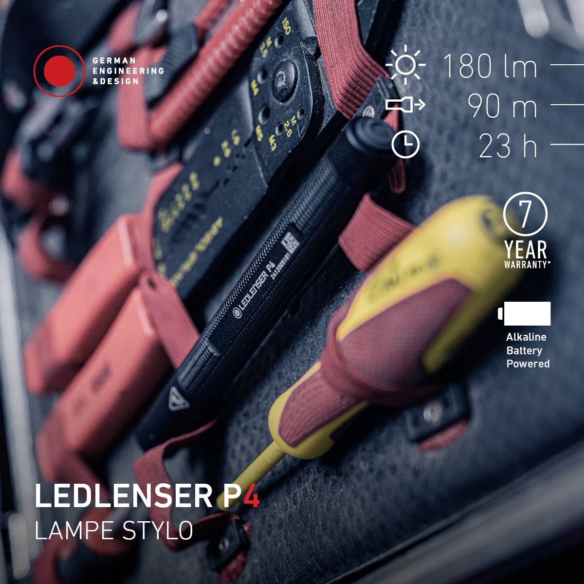 Lampe torche LED Ledlenser P4 : Une lampe de poche LED de 180 lumens, portée de 90 m, autonomie de 7 heures, fonctionnant sur batterie, garantie de 7 ans.