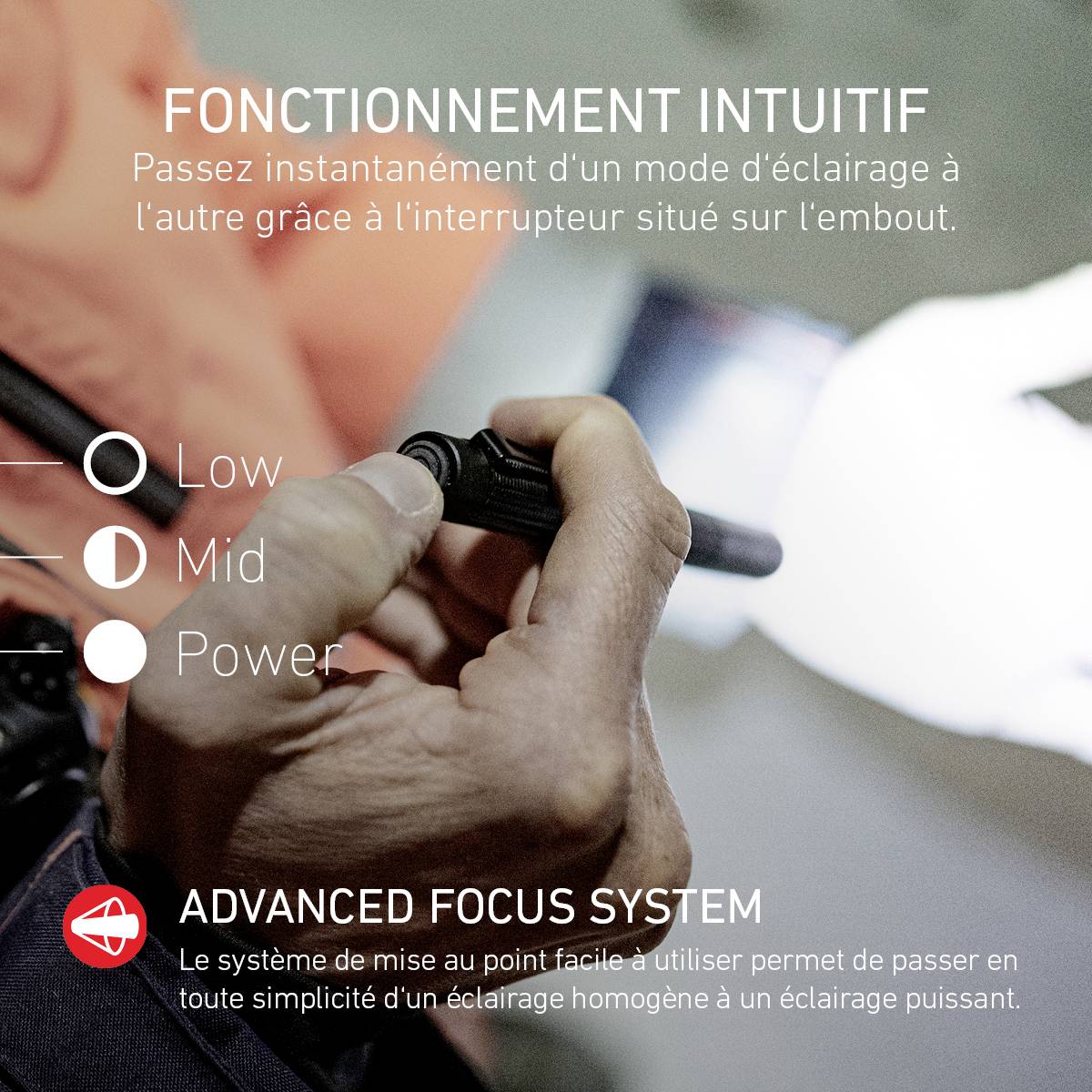 'Utilisation intuitive : Changement des modes d'éclairage via l'interrupteur du capuchon. Low, Mid, Power. Système de Mise au Point Avancé pour un faisceau lumineux flexible.'
