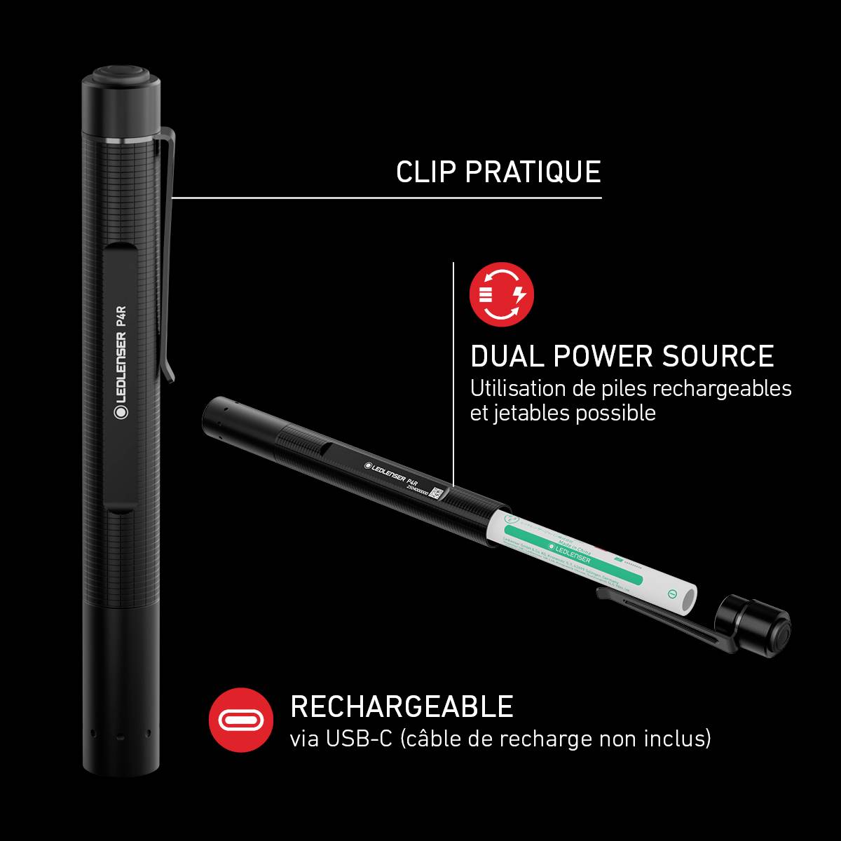 Voici une lampe-stylo LED rechargeable avec un clip pratique, qui peut fonctionner à la fois avec une batterie rechargeable et des piles standard.