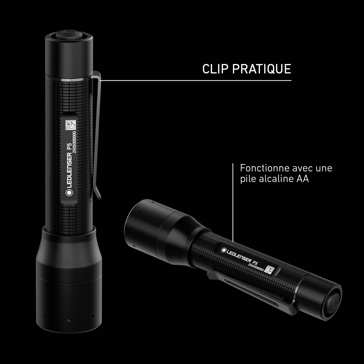 Deux lampes de poche portant l'inscription 'Ledlenser 5' ; l'une est debout avec un clip pratique, l'autre est couchée sur le côté. Fonctionnement avec une pile AA.