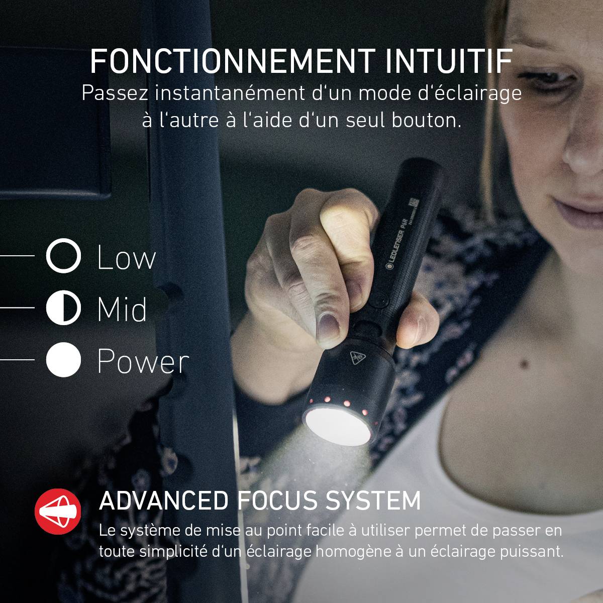Utilisation intuitive d'une lampe de poche avec trois niveaux de luminosité : Faible, Moyen, Puissance. Changement de niveau par simple pression du bouton.