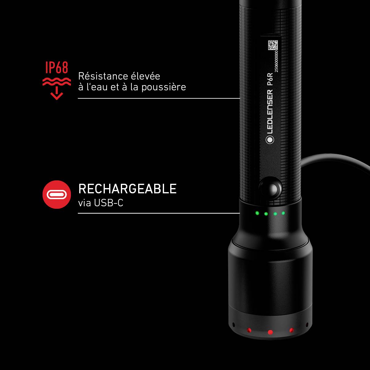Lampe de poche avec protection IP68 contre la poussière et l'eau. Rechargeable via USB-C.