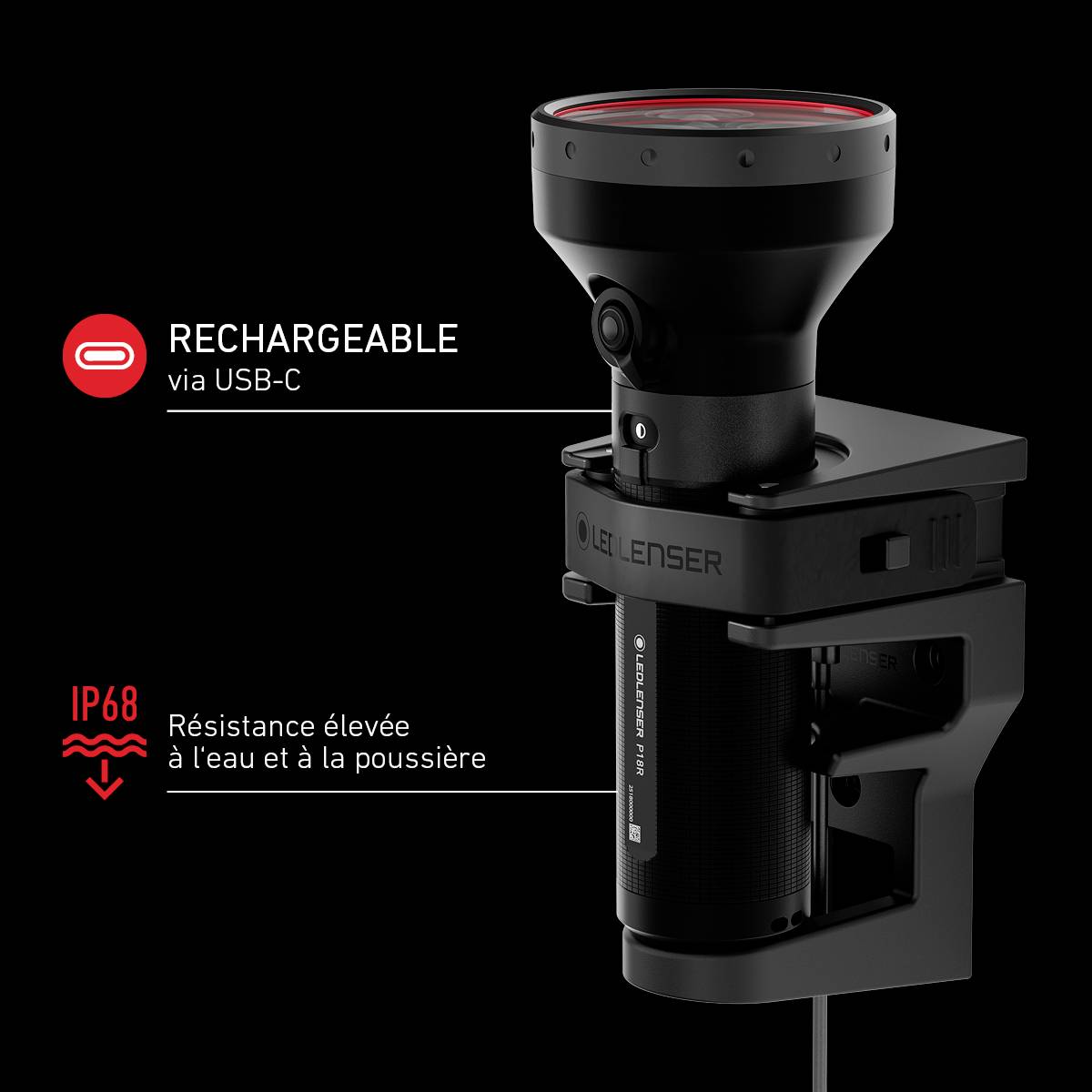 Une main tient une lampe de poche qui est promue comme "facile à utiliser". Le texte décrit l'ajustement de la mise au point par un simple toucher du pouce.