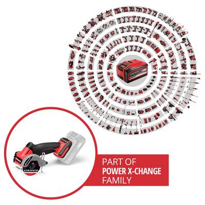 Outil électrique rouge et noir placé au centre ; entouré de divers outils formant des spirales. Texte indiquant : « Fait partie de la famille Power X-Change ».
