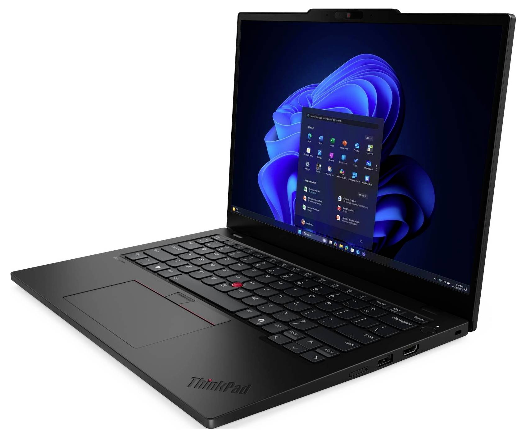 Un ordinateur portable élégant, noir, avec un écran Microsoft Windows 11 bien visible. Le clavier physique et le pavé tactile sont mis en valeur dans le design.