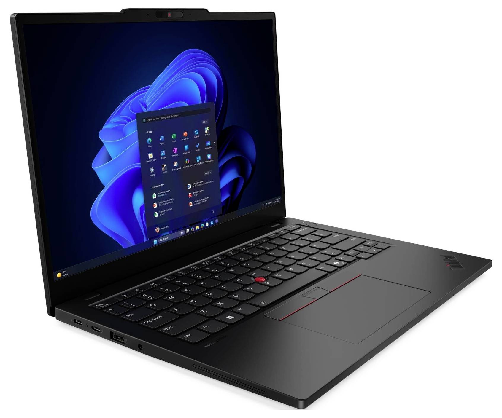 Un ordinateur portable noir affichant l'écran d'accueil du système d'exploitation Windows. L'écran montre le menu Démarrer, des icônes et un fond d'écran avec des vagues bleues.