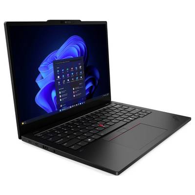 Un ordinateur portable noir affichant l'écran d'accueil du système d'exploitation Windows. L'écran montre le menu Démarrer, des icônes et un fond d'écran avec des vagues bleues.