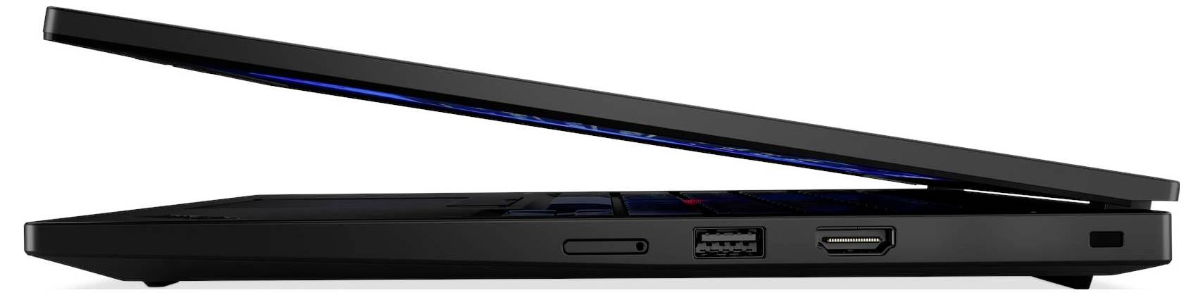 Un ordinateur portable noir partiellement ouvert, vu de côté, montrant les ports USB et HDMI.