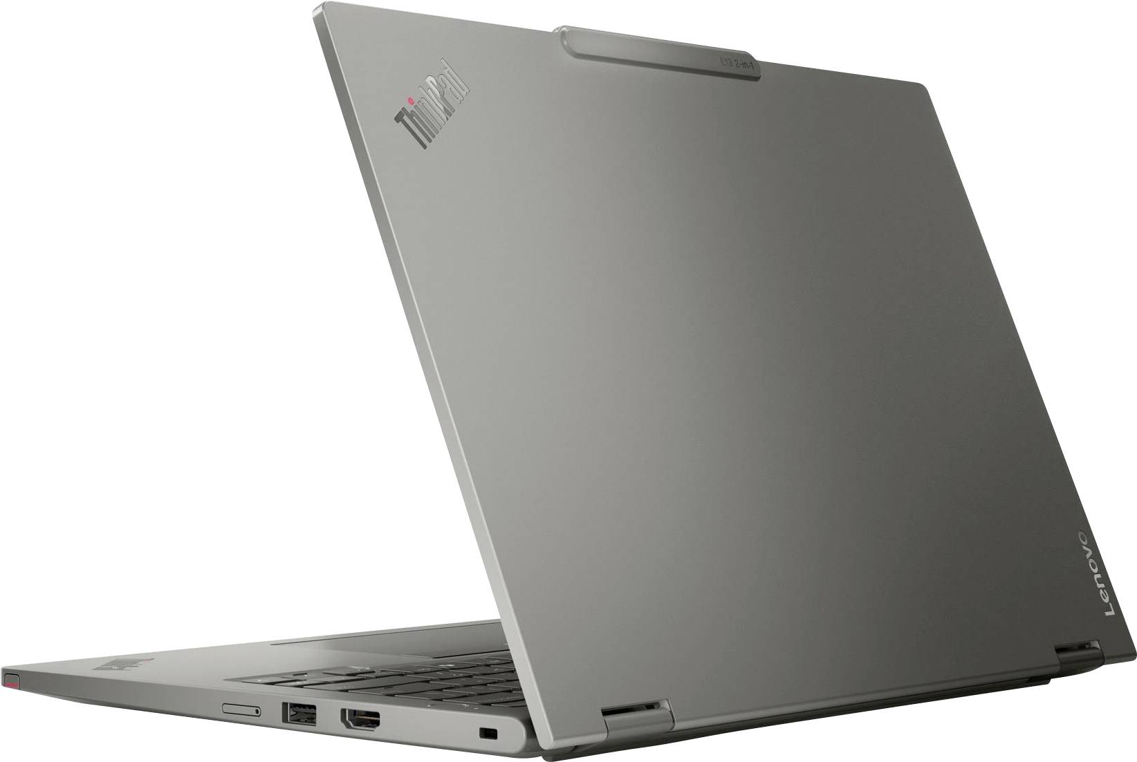 Un ordinateur portable fin et gris, partiellement ouvert, affichant le logo Lenovo sur son couvercle. Il semble élégant et moderne, mettant en valeur sa portabilité.
