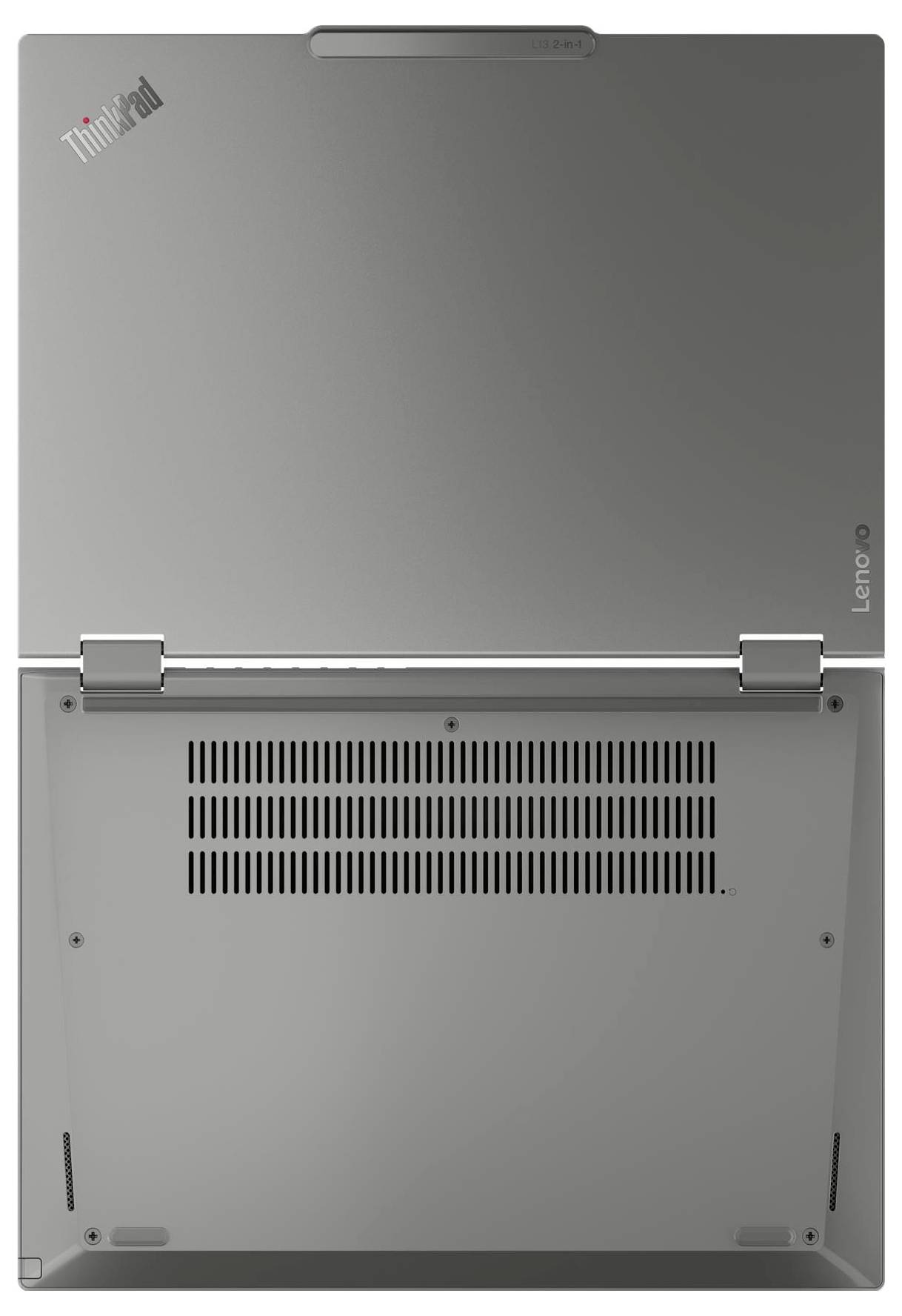 L'image montre la face inférieure d'un ordinateur portable Lenovo ThinkPad, révélant les grilles de ventilation et la conception des charnières.