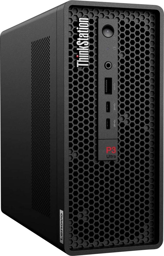 Une tour d'ordinateur Lenovo ThinkStation noir avec un panneau avant en maille, doté de plusieurs ports et boutons ; étiquetée « ThinkStation P3 Ultra ».