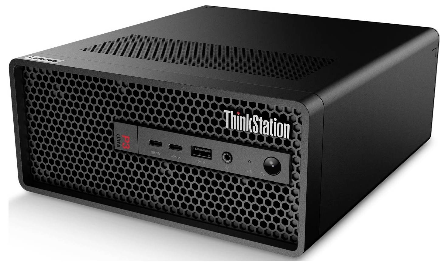 Un ordinateur de bureau noir étiqueté « ThinkStation » avec un panneau avant comprenant un bouton d'alimentation, des ports USB et un motif de grille de ventilation.