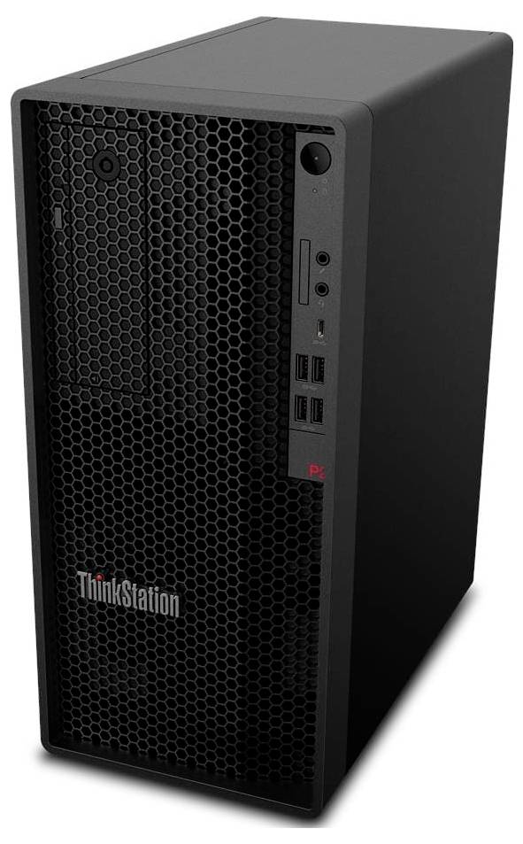 Un boîtier de station de travail noir ThinkStation avec des ports USB frontaux et un lecteur DVD, conçu pour l'informatique haute performance ou les tâches de poste de travail.