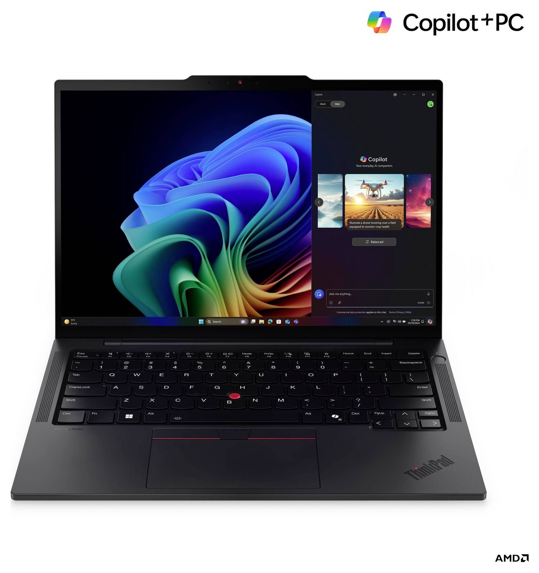 Un ordinateur portable affichant un fond d'écran Windows coloré et une application intitulée « Copilot ». Les logos « AMD » et « ThinkPad » sont visibles.