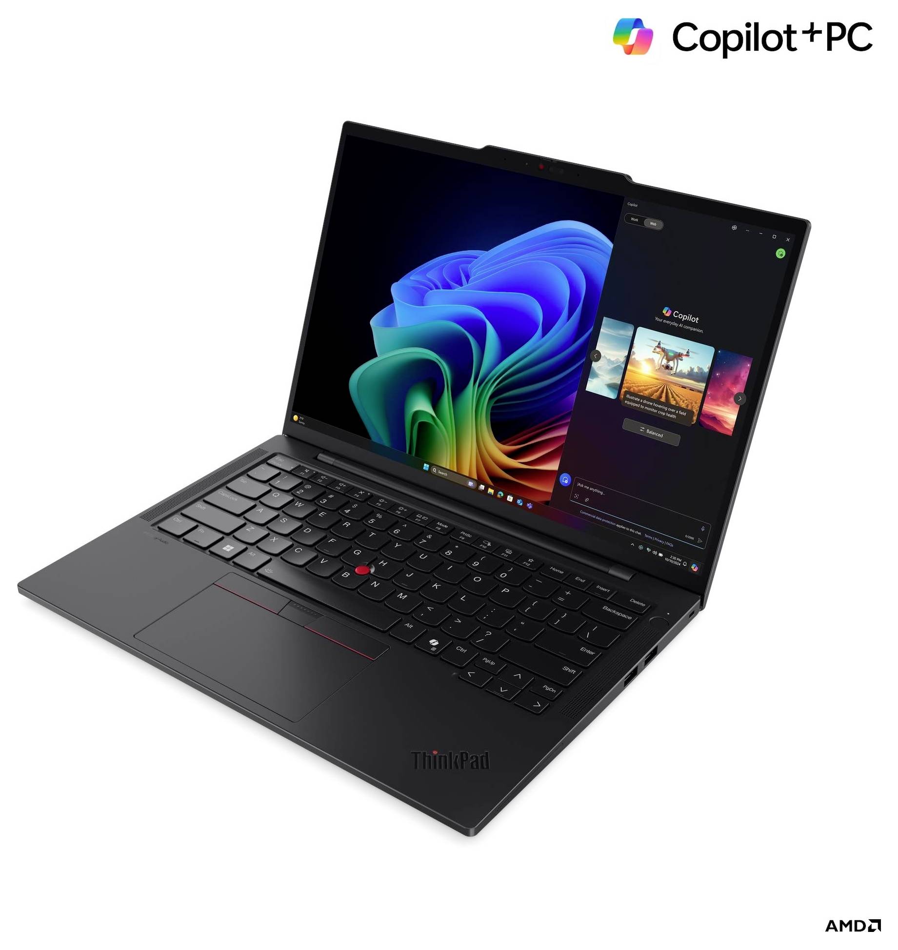 Un ordinateur portable affichant des graphiques vibrants sur son écran. Le texte indique « Copilot + PC ». Le logo AMD est visible, suggérant des fonctionnalités de performance avancées.