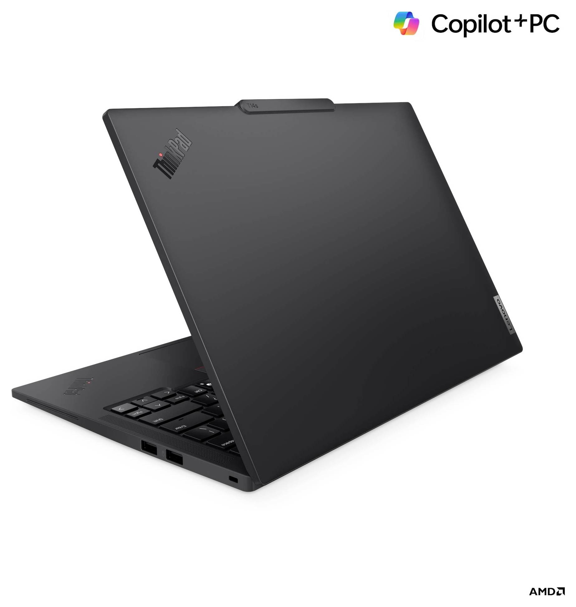 Un ordinateur portable noir partiellement ouvert, affichant les logos « Copilot+PC » et « AMD ». Le design est élégant avec un clavier visible.