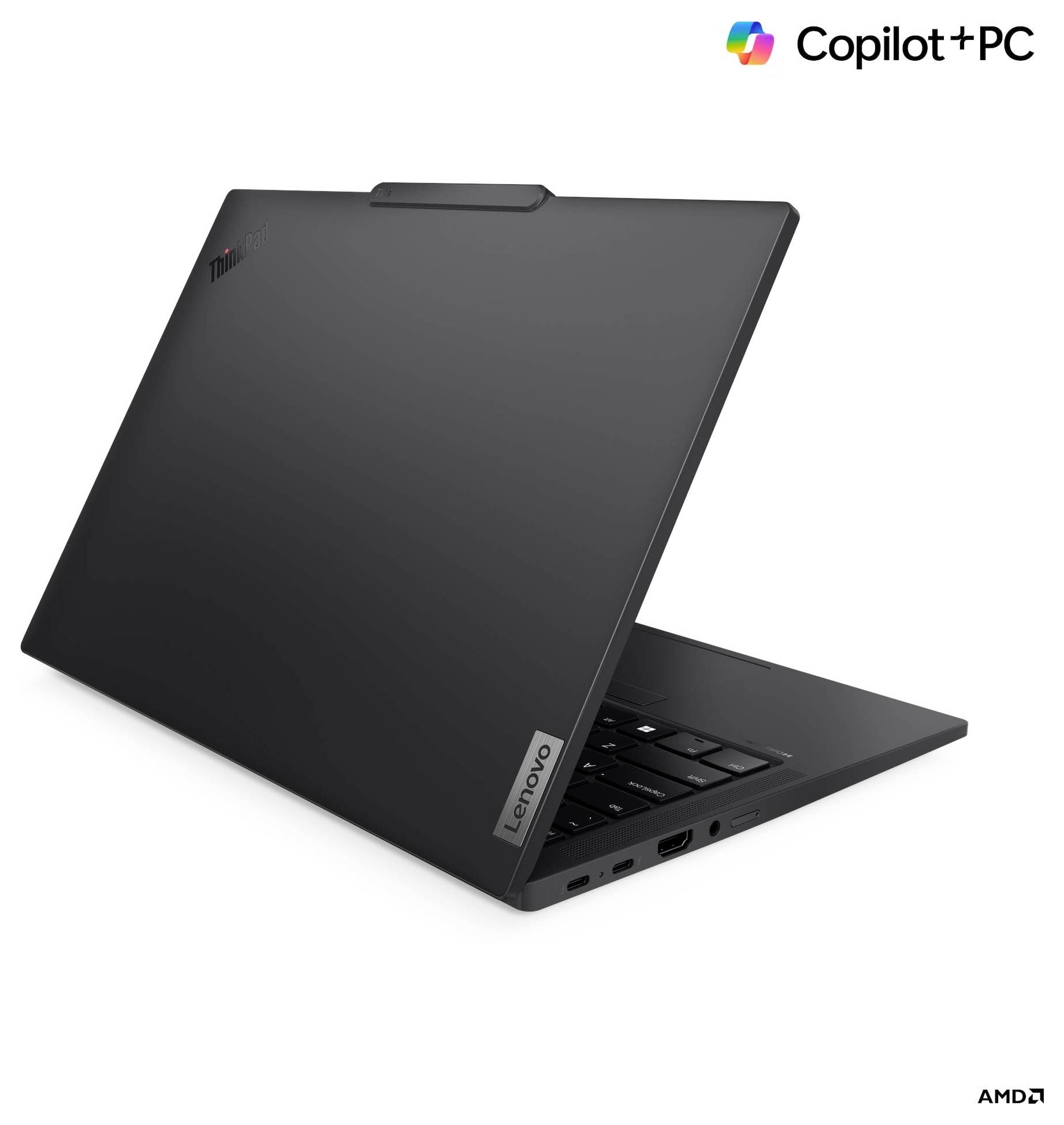 Un ordinateur portable Lenovo élégant et partiellement ouvert, au design minimaliste, avec le logo 'Copilot PC' dans le coin supérieur droit sur un fond blanc.