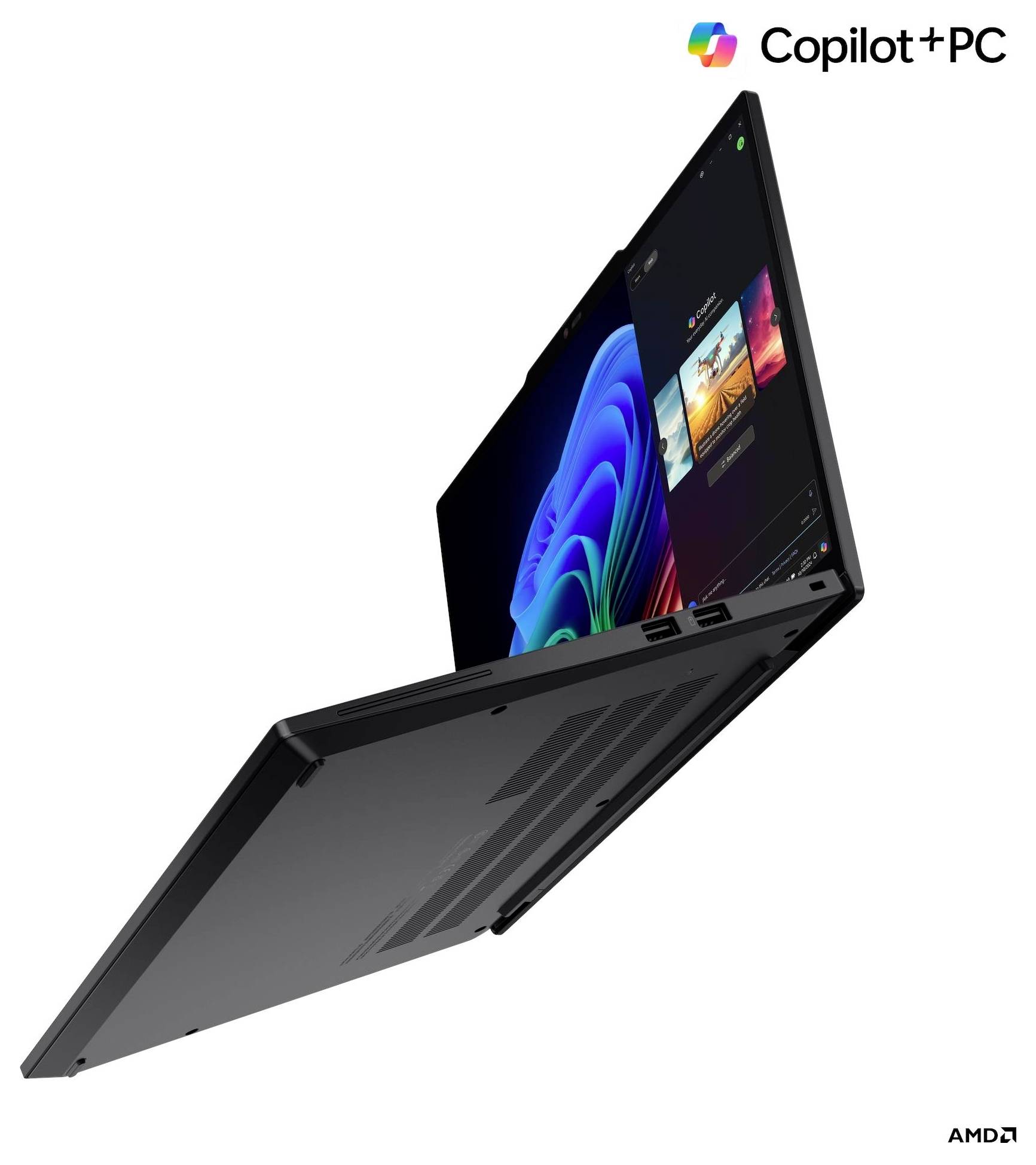 Un ordinateur portable noir élégant avec un écran lumineux affichant des graphiques colorés. Il est intitulé « Copilot + PC » et présente un logo AMD.