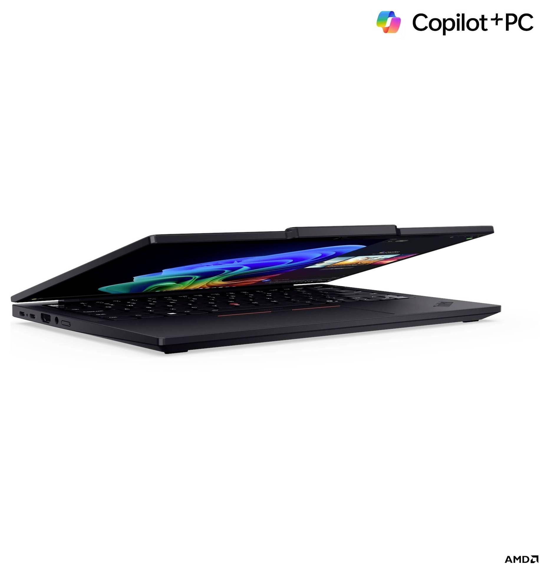 Un ordinateur portable partiellement ouvert au design élégant, affichant un écran coloré et arborant les logos « Copilot+PC » et « AMD ».