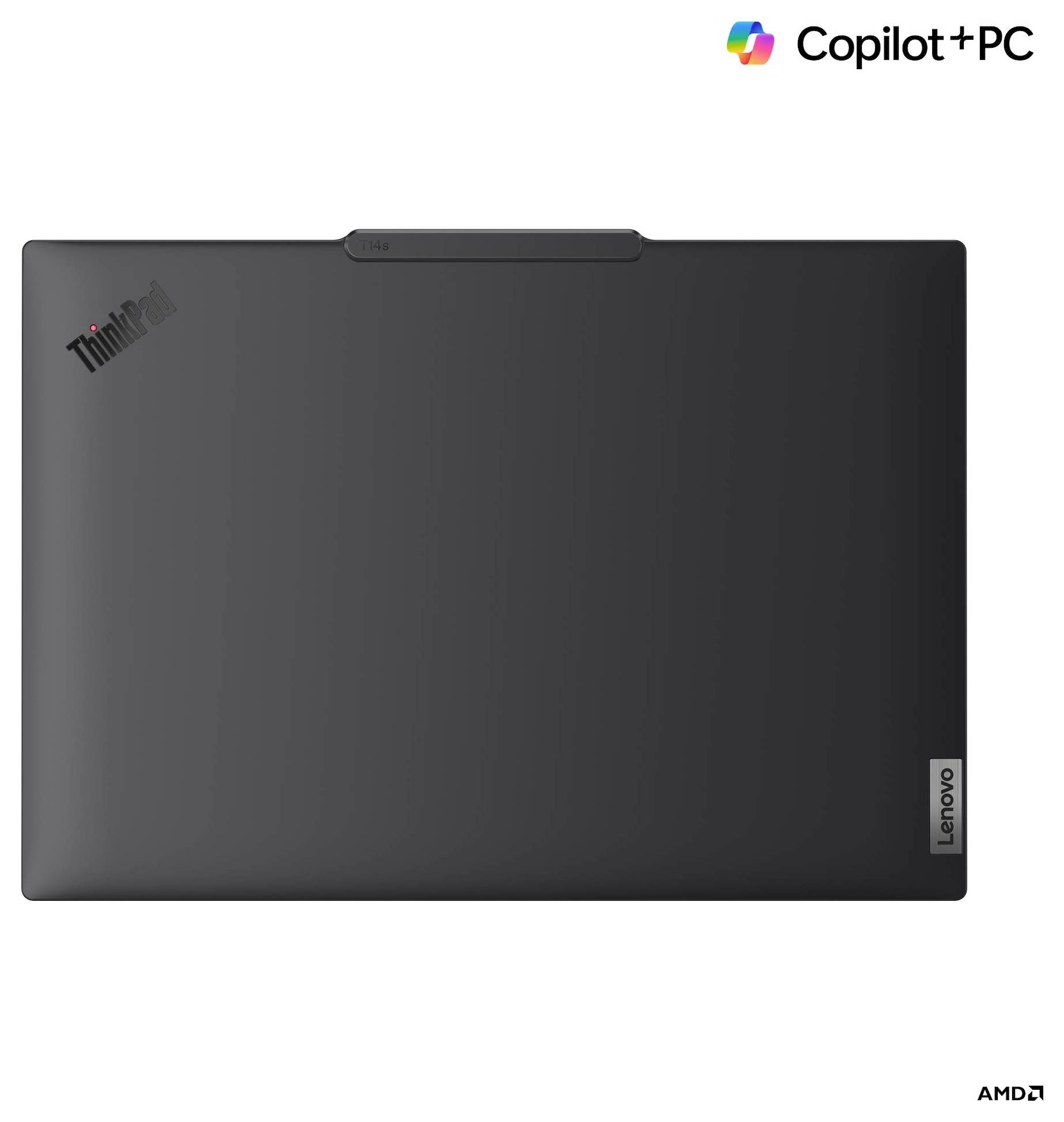 Un ordinateur portable Lenovo ThinkPad fermé, vu de dessus. Les logos de marque visibles sont : « ThinkPad », « Lenovo », « Copilot+PC » et « AMD ».