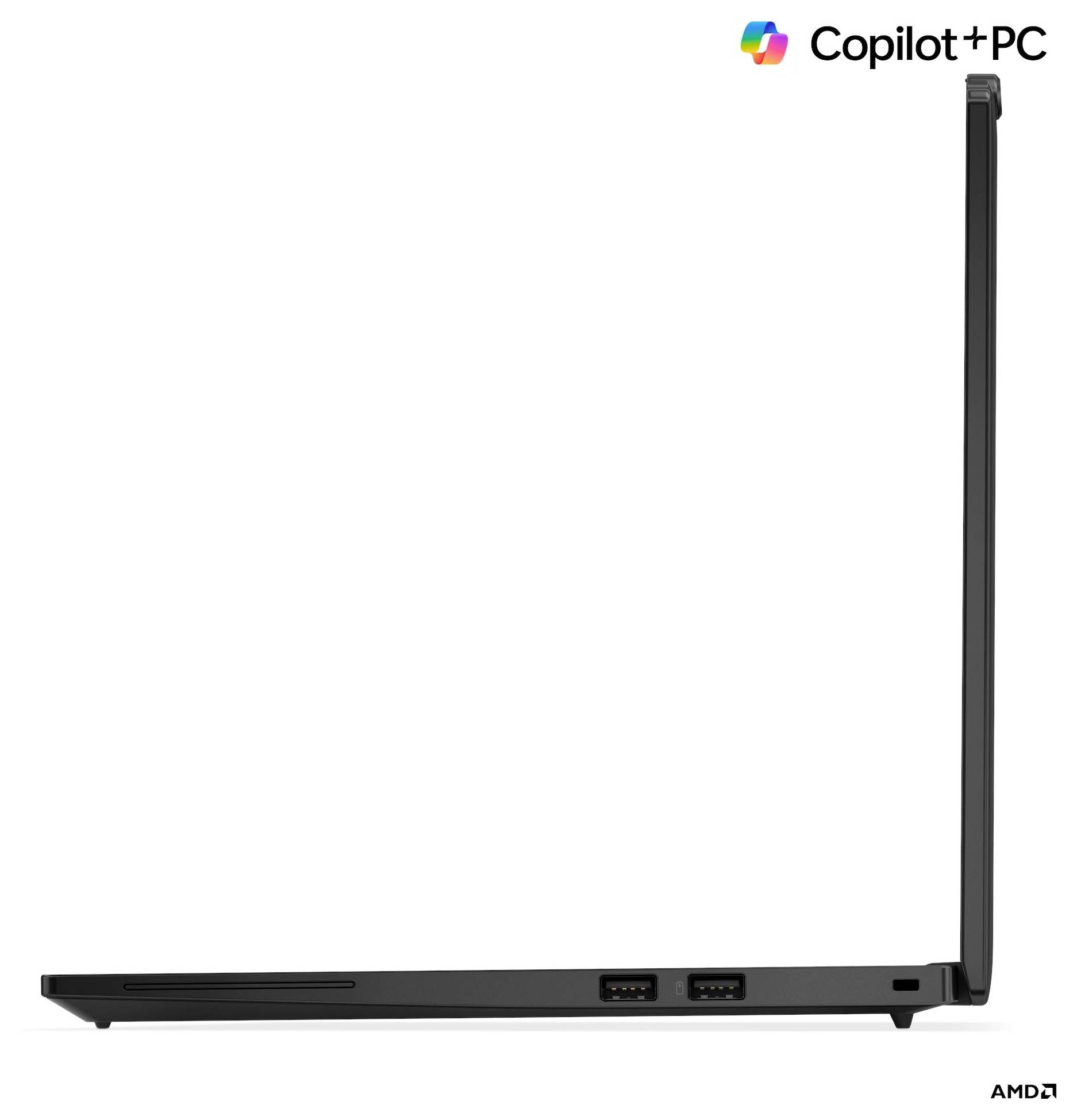 Un ordinateur portable élégant, vue de côté, partiellement ouvert, montrant ses ports. Logos dans les coins : « Copilot+PC » en haut à droite, « AMD » en bas à droite, sur un fond blanc.