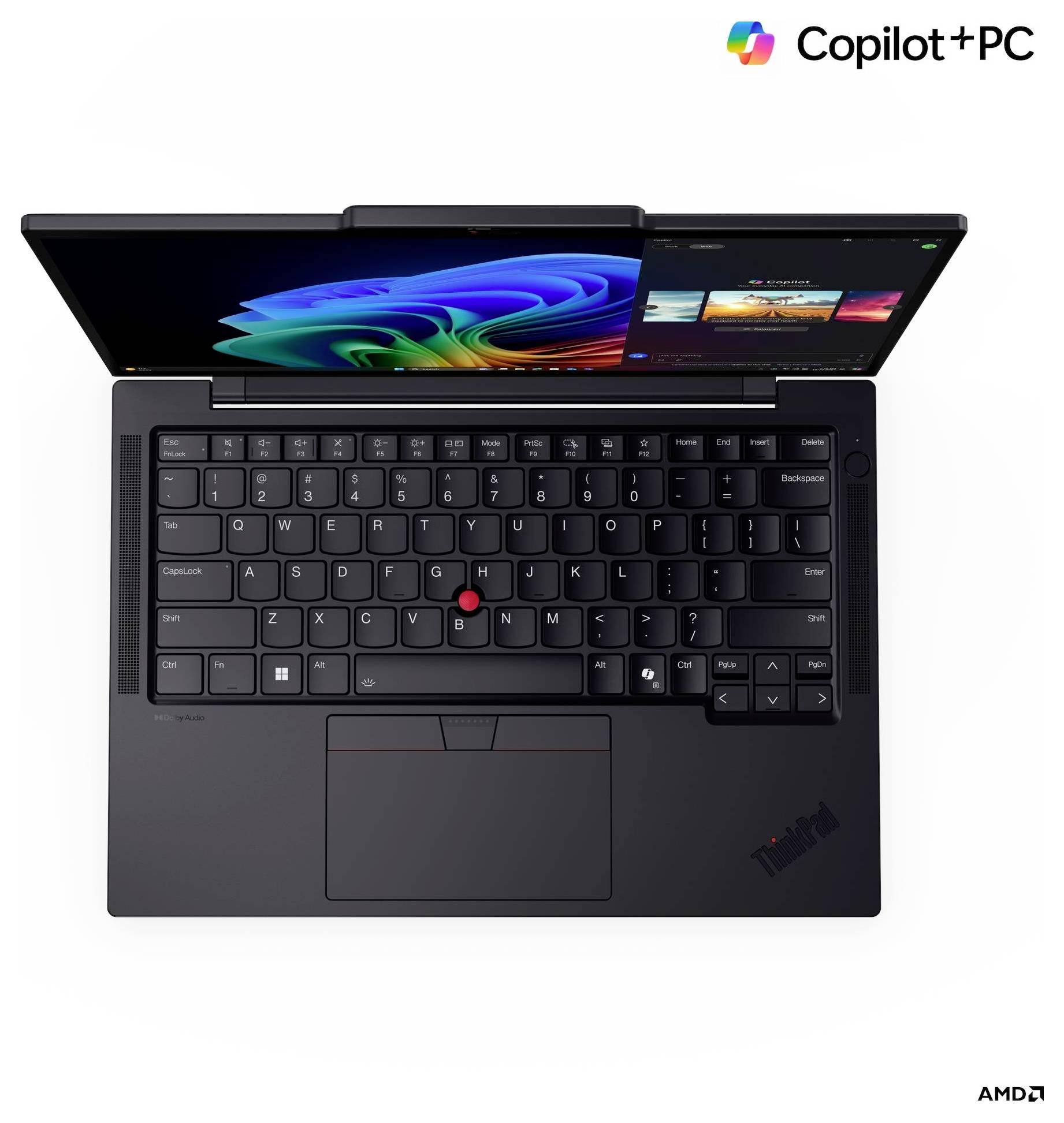 Un ordinateur portable noir avec son couvercle ouvert, affichant un écran coloré. Le logo Copilot+PC est visible dans le coin supérieur droit. Le clavier est apparent.