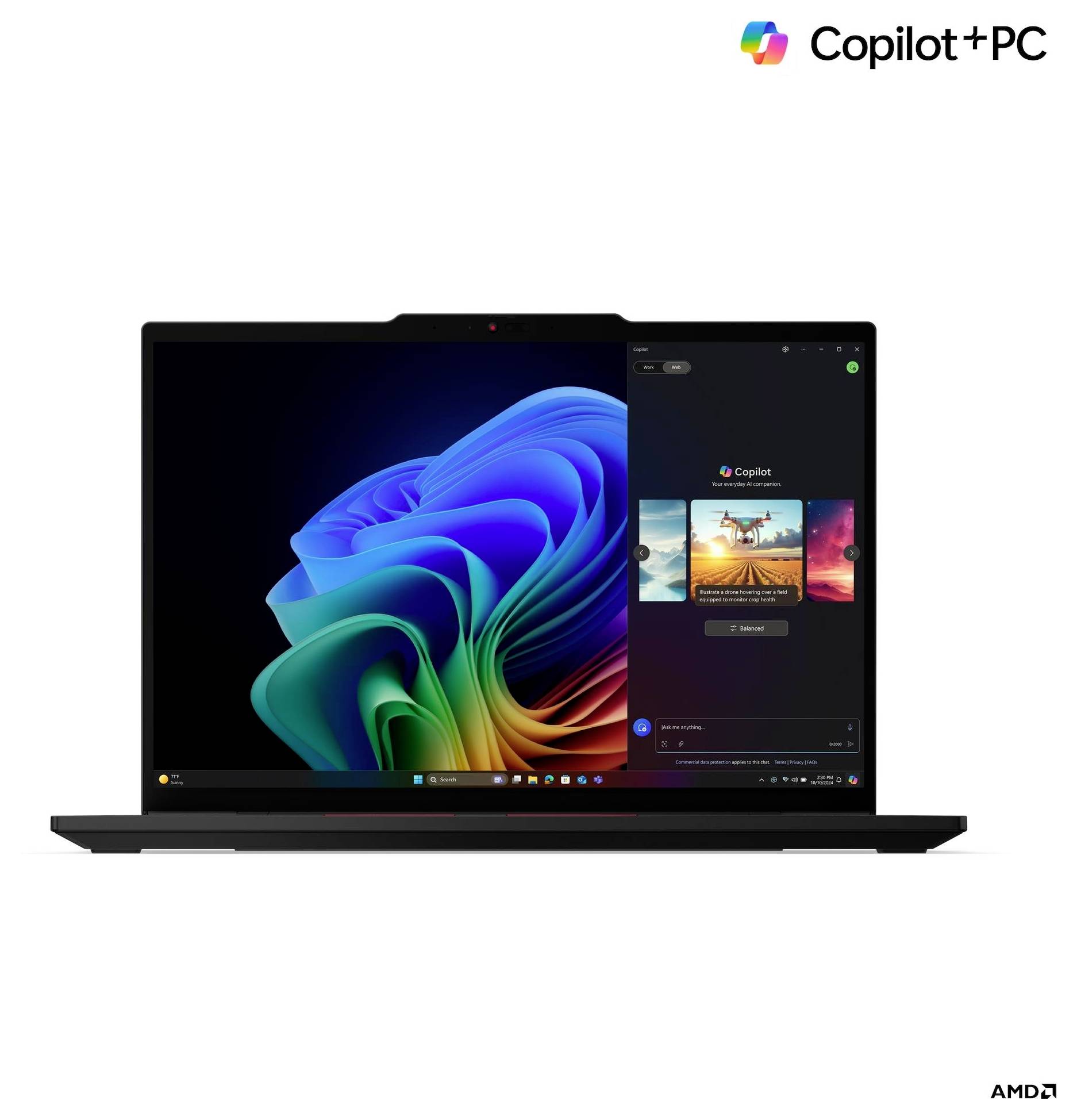 Un ordinateur portable affichant le système d'exploitation Windows avec un artwork coloré à l'écran et une barre latérale présentant les fonctionnalités de l'application Copilot.