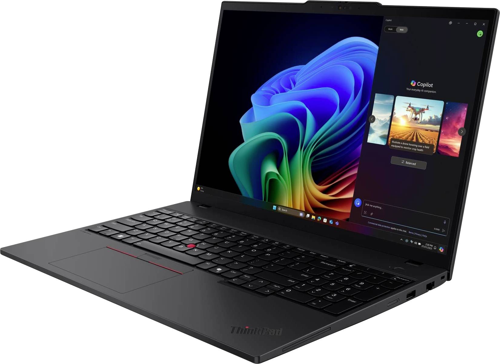 Un ordinateur portable élégant, noir, est ouvert, affichant un écran coloré avec des graphiques vibrants et une interface logicielle. Son design est moderne et minimaliste.