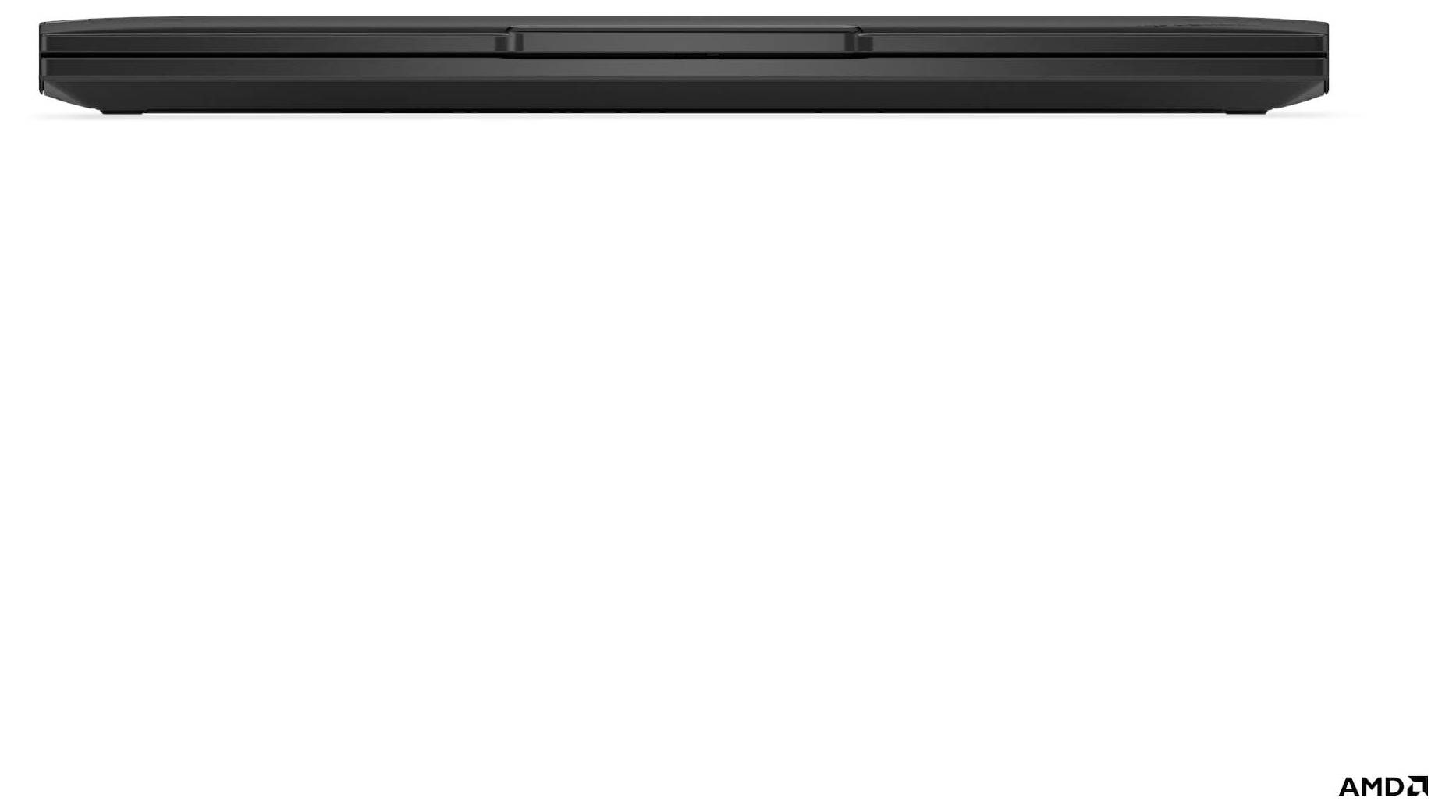 Un ordinateur portable noir fin vu de côté, fermé avec le logo AMD en bas à droite.