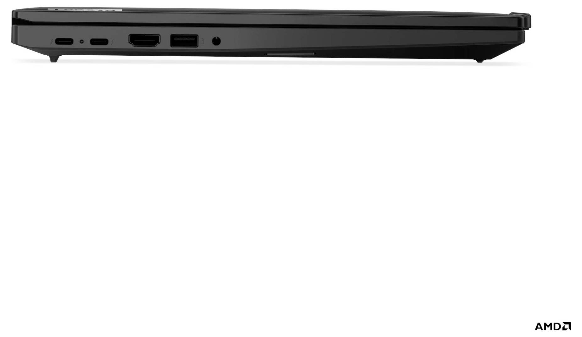 Un ordinateur portable noir fermé vu de côté, montrant plusieurs ports le long de la tranche, avec le logo 'AMD' dans le coin inférieur droit.