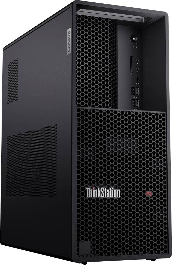 Un tour d'ordinateur Lenovo ThinkStation noir avec un panneau avant en maille, doté de ports visibles et d'un logo de marque, conçu pour des tâches à haute performance.