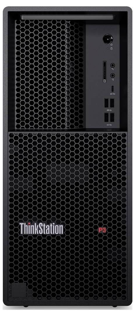 Un tour de bureau noir Lenovo ThinkStation P3 avec un panneau avant à motif en nid d'abeille et des ports visibles sous le bouton d'alimentation.