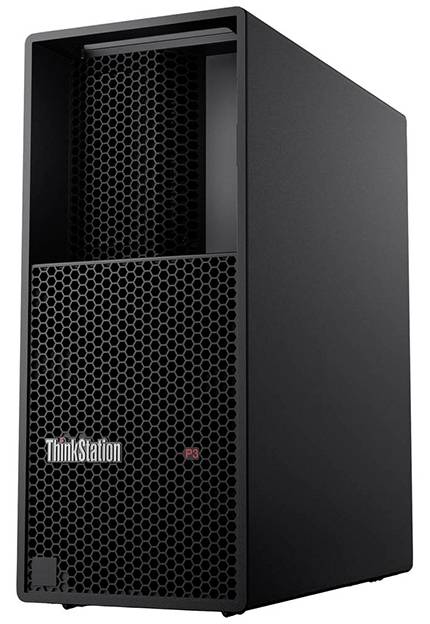 Un boîtier d'ordinateur de bureau noir avec un panneau avant en maille, étiqueté « ThinkStation P3 », conçu pour des tâches de calcul haute performance.