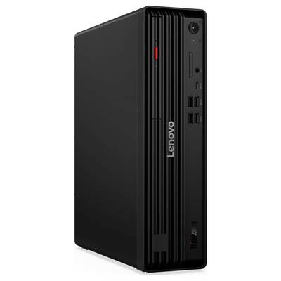 Une tour de bureau Lenovo noire avec un accent rouge vertical et plusieurs options de ports sur le panneau avant.