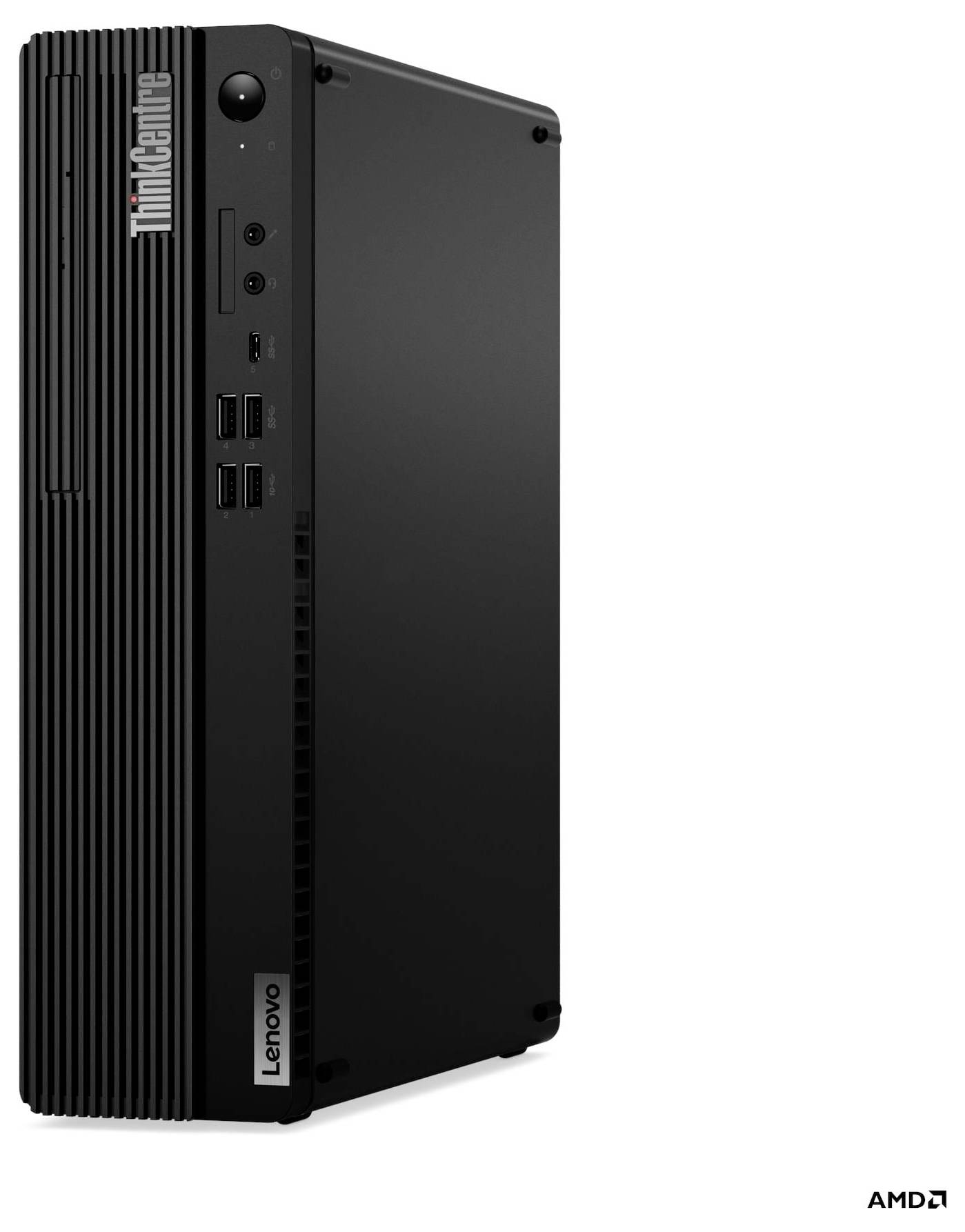Un ordinateur de bureau Lenovo ThinkCentre, noir avec un design vertical, présentant plusieurs ports USB et des logos de marque sur le panneau avant.